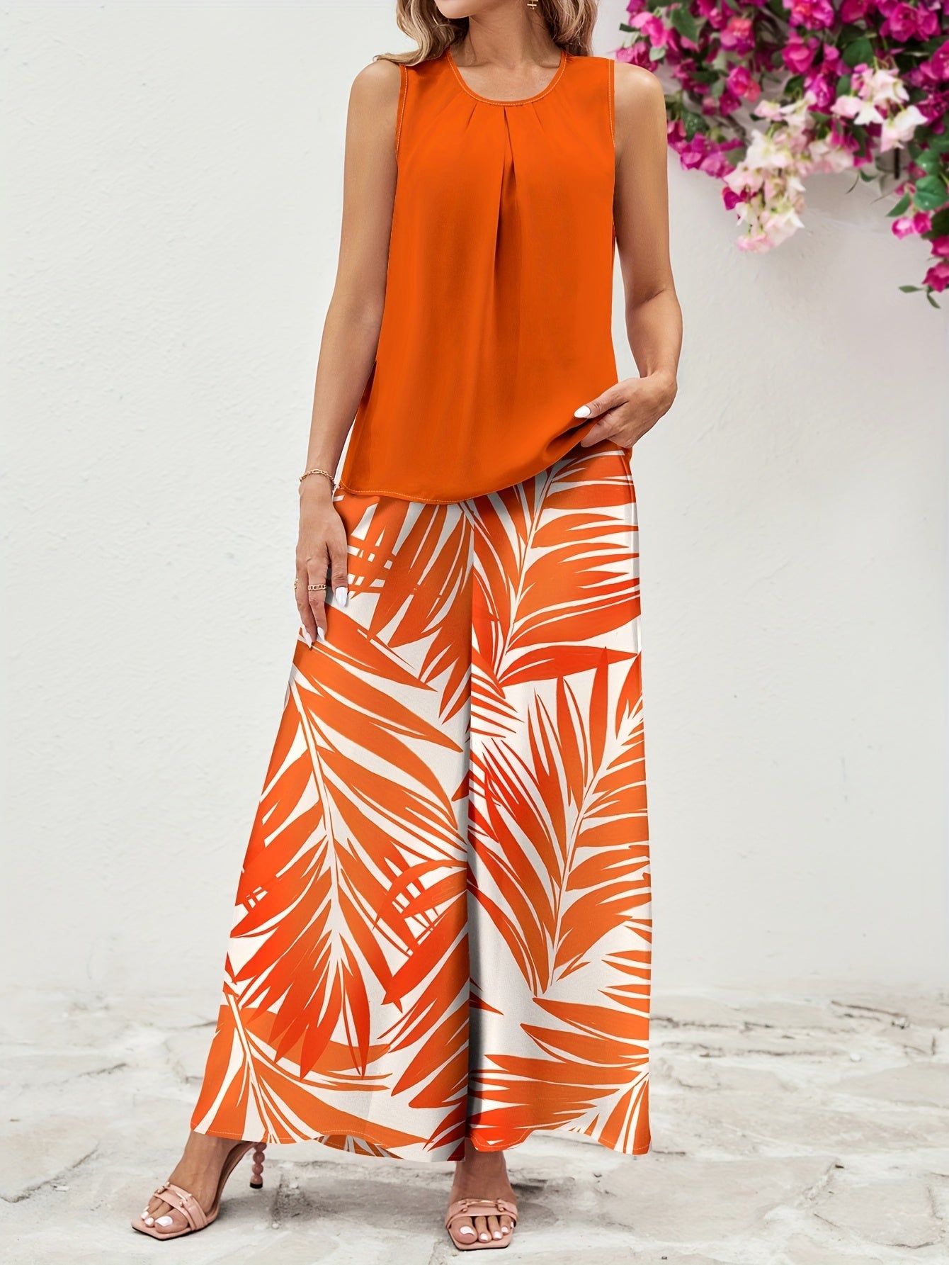 Women's Elegant Two-Piece Set – Sleeveless Top and Wide Palm Print Pants for Summer and Leisure