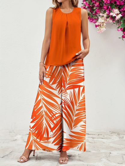 Women's Elegant Two-Piece Set – Sleeveless Top and Wide Palm Print Pants for Summer and Leisure