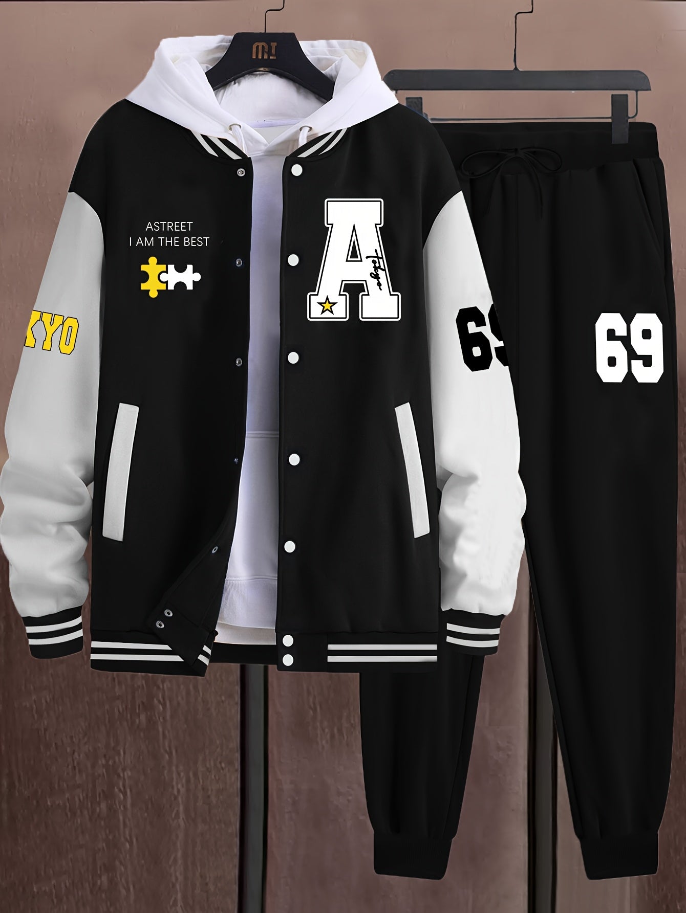 Unisex college jacket and joggers set, two-piece baseball look with print