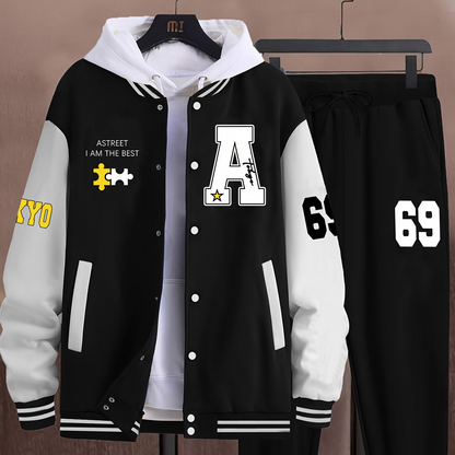 Unisex college jacket and joggers set, two-piece baseball look with print