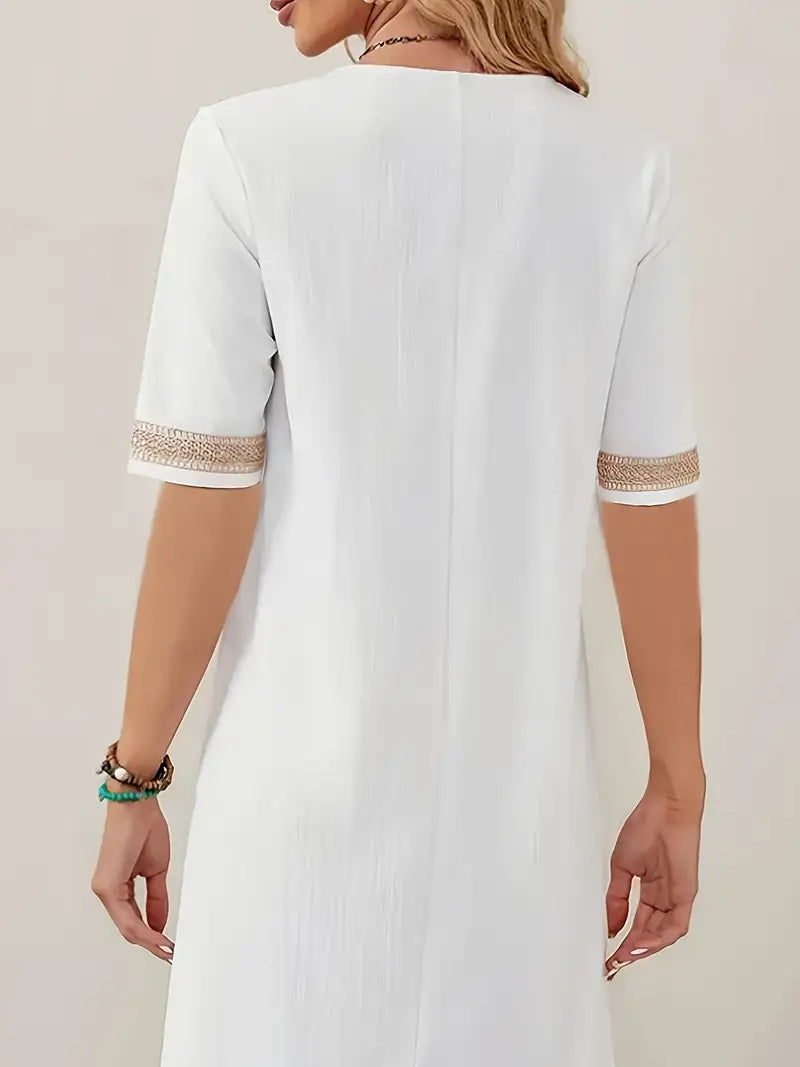 Damen Sommerkleid V-Ausschnitt mit Spitze – Lockeres Freizeitkleid für Alltag, Urlaub & Strand