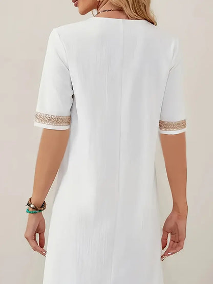 Damen Sommerkleid V-Ausschnitt mit Spitze – Lockeres Freizeitkleid für Alltag, Urlaub & Strand