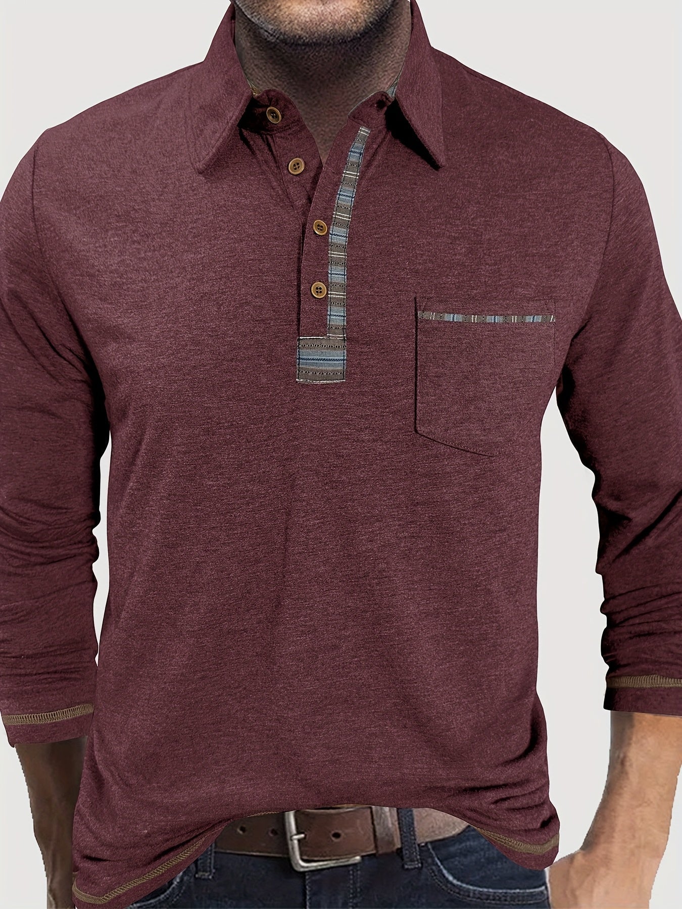 Men's long-sleeved polo shirt with chest pocket and patterned details