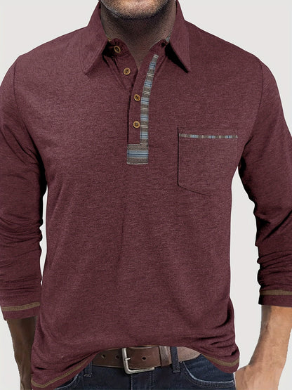 Men's long-sleeved polo shirt with chest pocket and patterned details