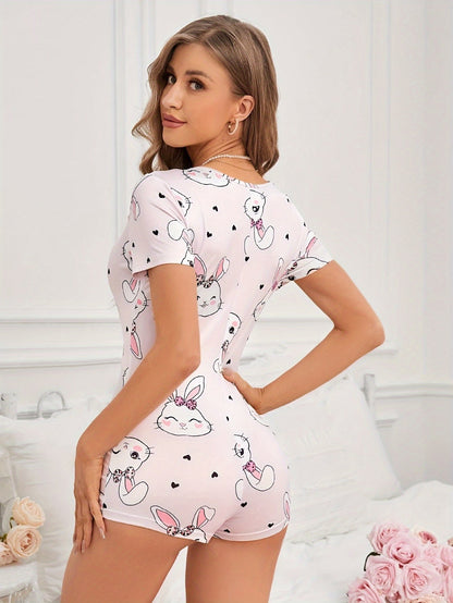 Women's Short-Sleeve Pajama Jumpsuit with Bunny Print and Button Placket – Cute One-Piece for Spring and Summer