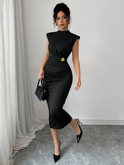 Women's Elegant Bodycon Midi Dress with Shoulder Pads – Perfect for Special Occasions and Business