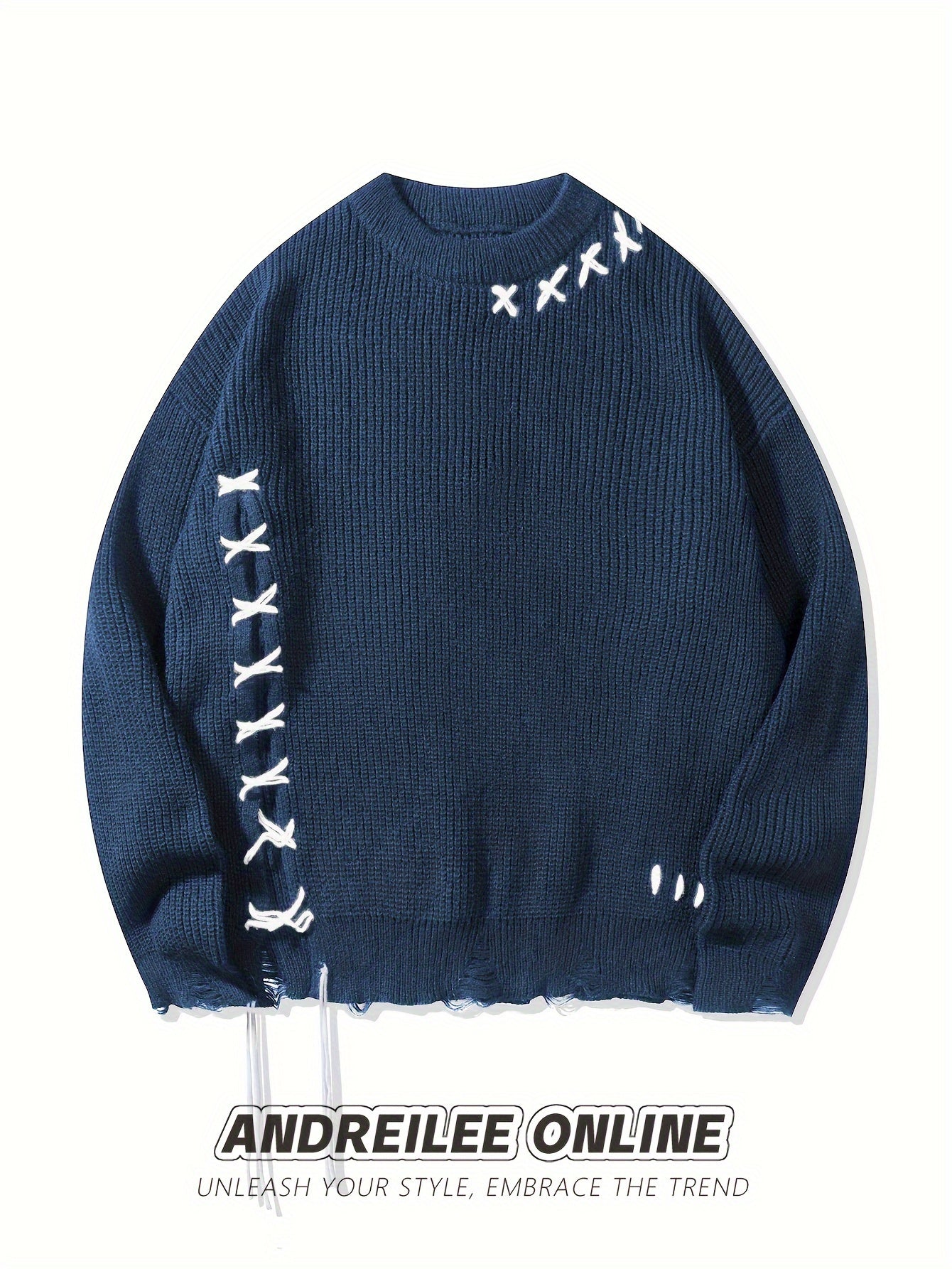 Unisex Strickpullover Schwarz mit Kreuzstich-Details und Destroyed-Effekt