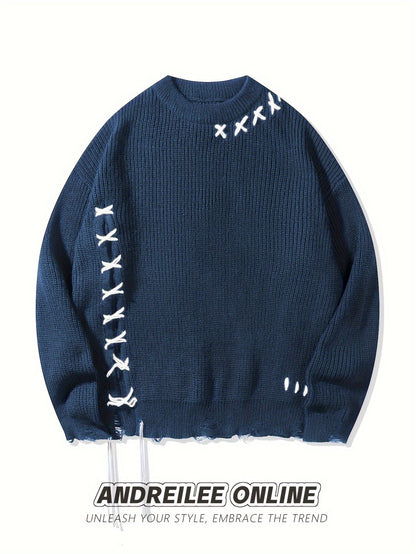 Unisex Strickpullover Schwarz mit Kreuzstich-Details und Destroyed-Effekt