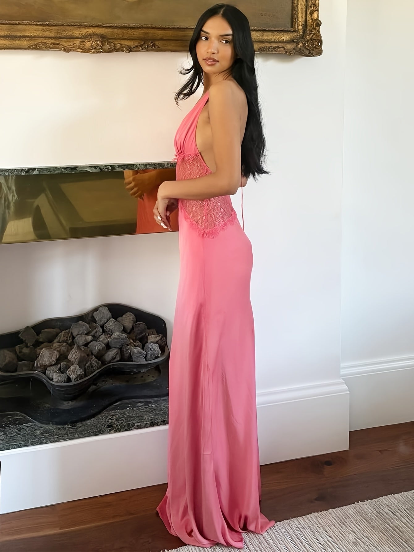 Women's Elegant Fit & Flare Evening Dress with Lace and Deep V-Neck, Floor-Length for Special Occasions