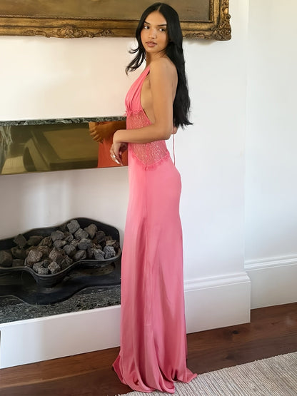 Women's Elegant Fit & Flare Evening Dress with Lace and Deep V-Neck, Floor-Length for Special Occasions