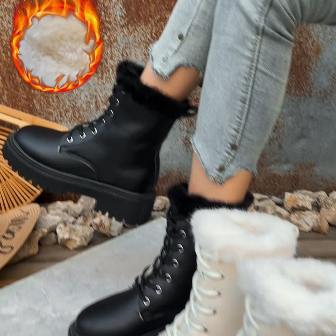 Women's worker boots with faux-fur lining, lacing, and lug soles