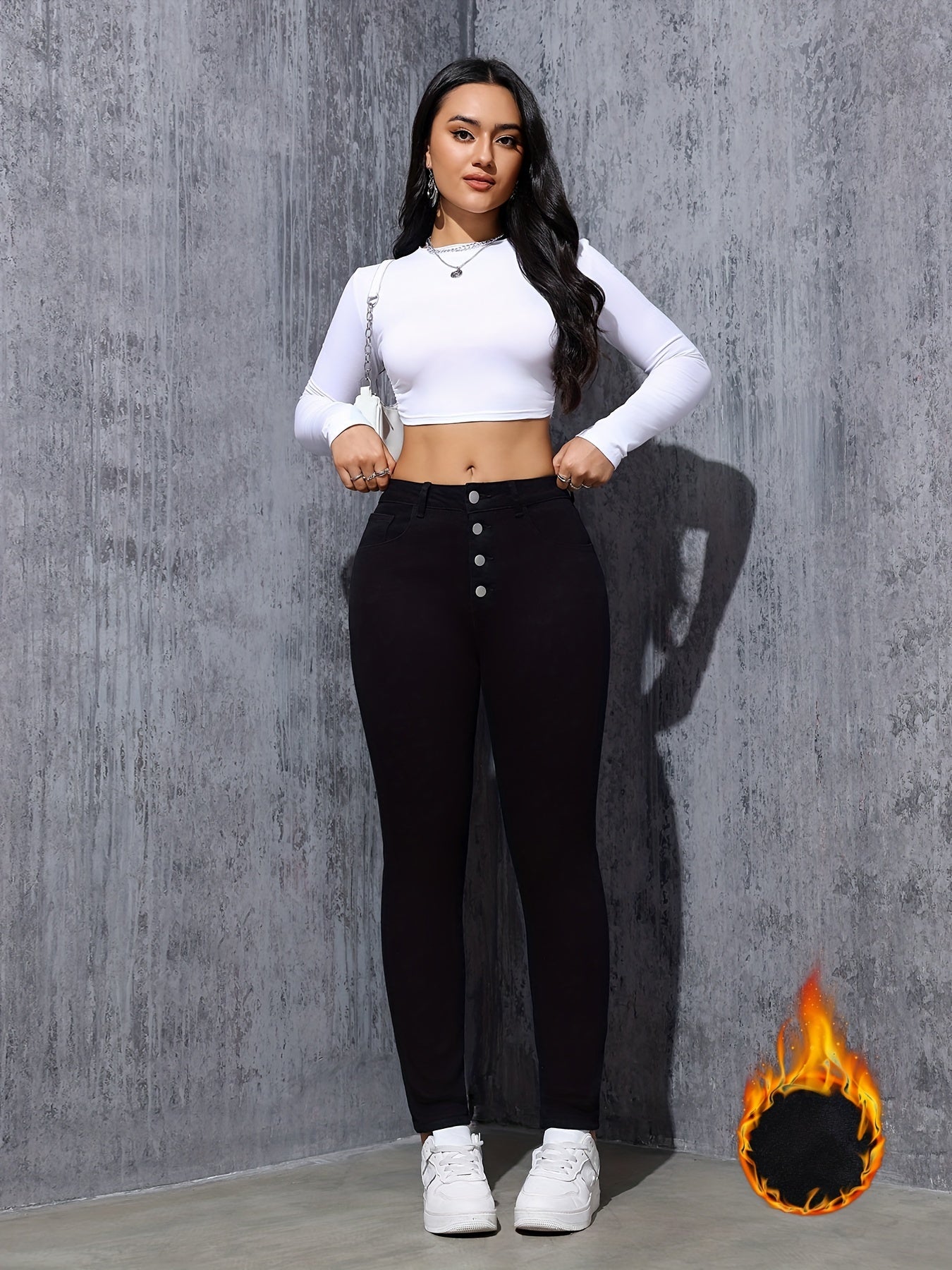Damen Skinny Jeans Schwarz mit Knopfleiste Hoher Bund Gefüttert