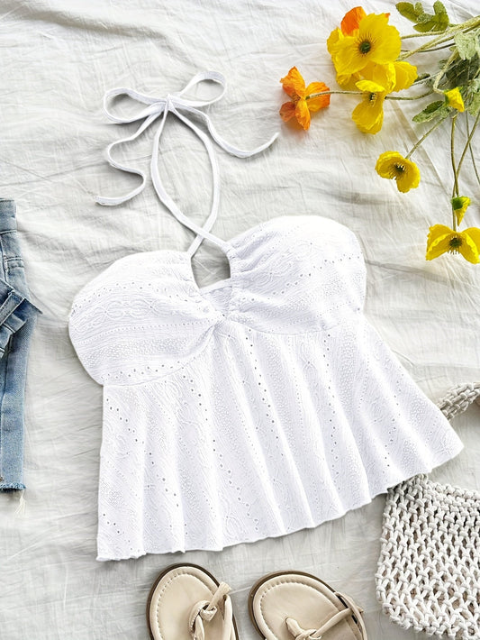 Women's Vintage Halter Babydoll Top with Embroidery – Summer Casual Top