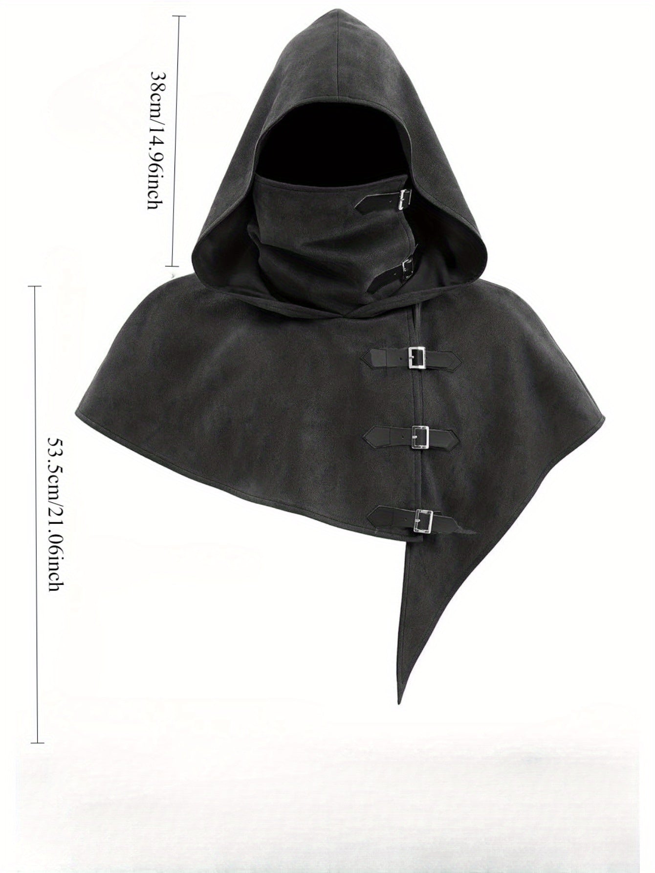 Hooded cape with buckles and neck protection