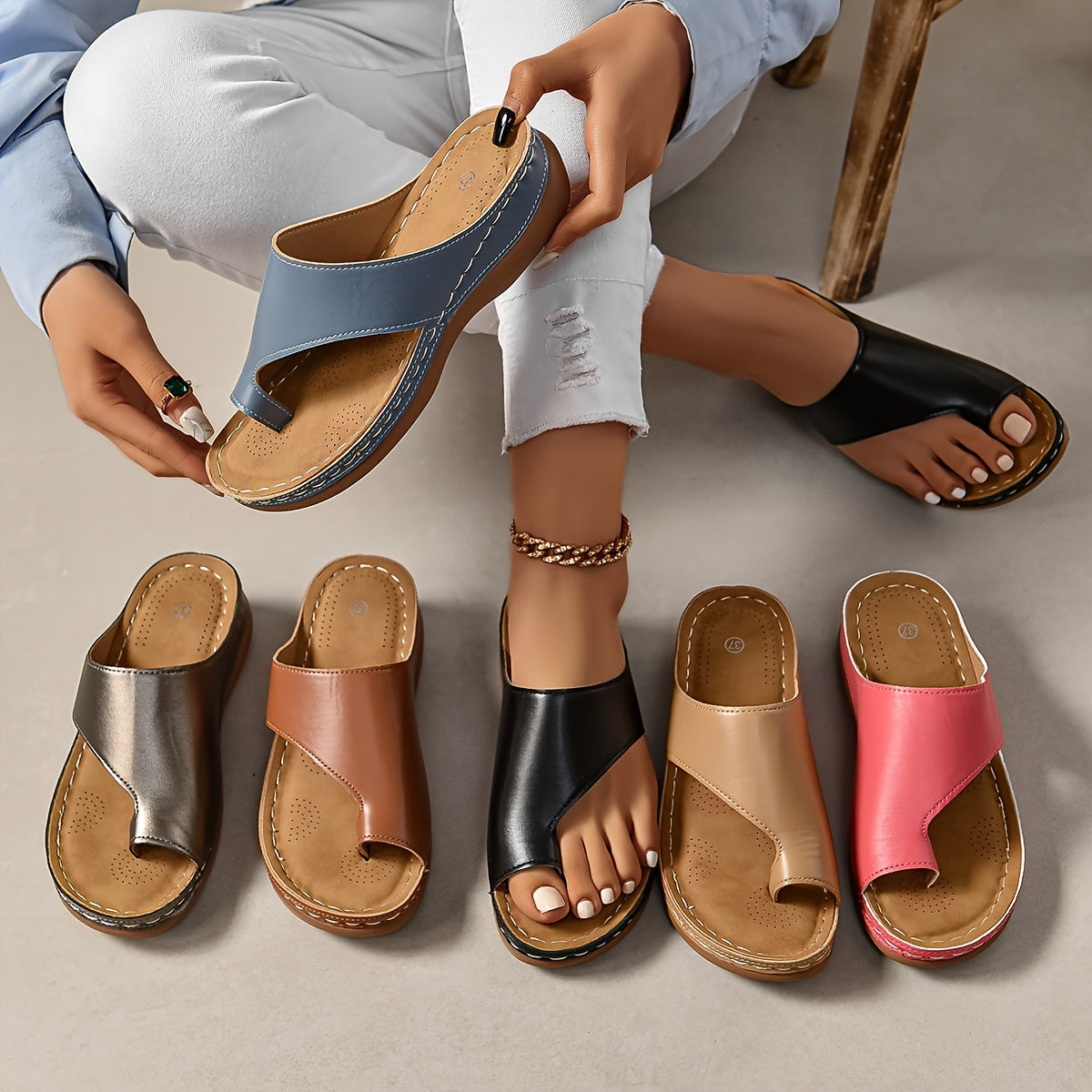 Women's Comfort Sandals with Wedge Heel and Toe Loop – Summer Slip-On Shoes for Everyday and Leisure