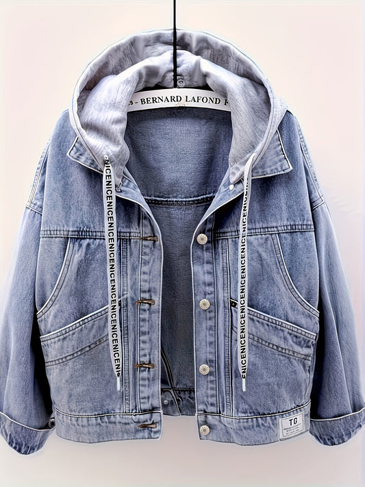 Women’s light blue denim jacket with hood and buttons