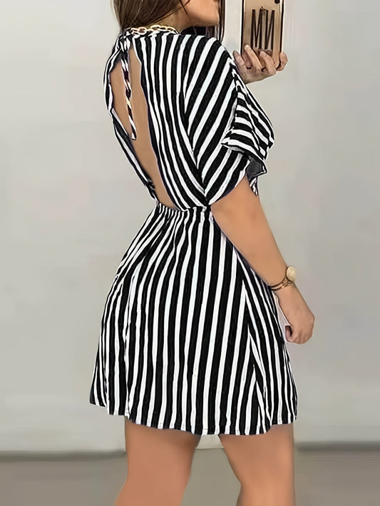 Women's Sexy Backless Striped Mini Dress for Spring and Summer – Elegant Casual Dress with V-Neck
