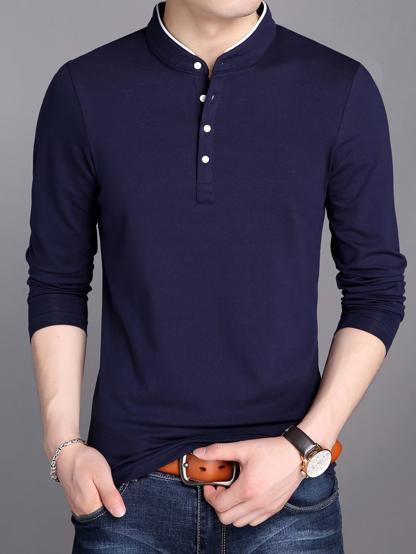 Men's long-sleeve shirt with stand-up collar and button placket
