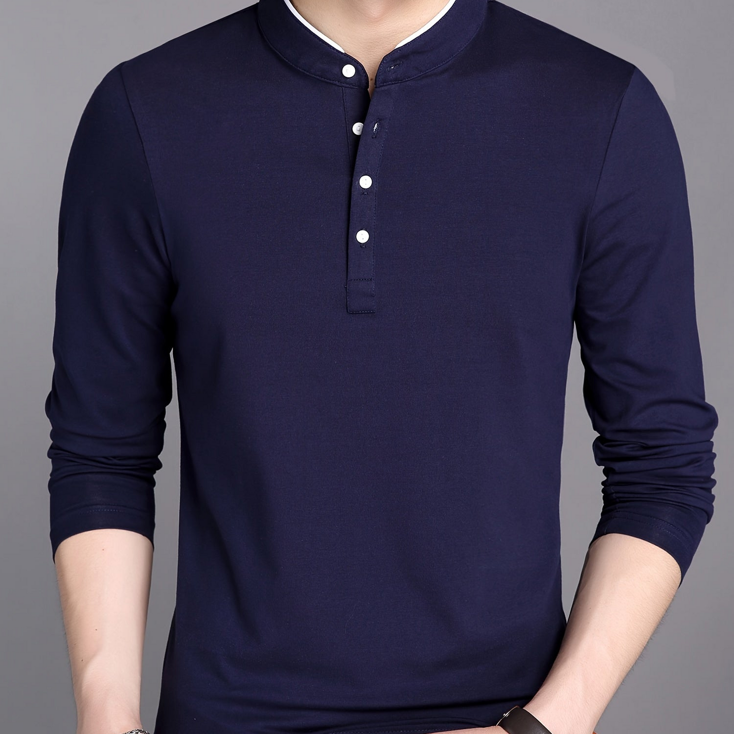 Men's long-sleeve shirt with stand-up collar and button placket