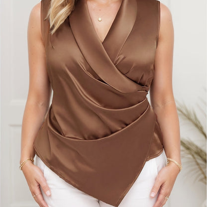 Women's Elegant Asymmetric Sleeveless Wrap Blouse for Office and Leisure