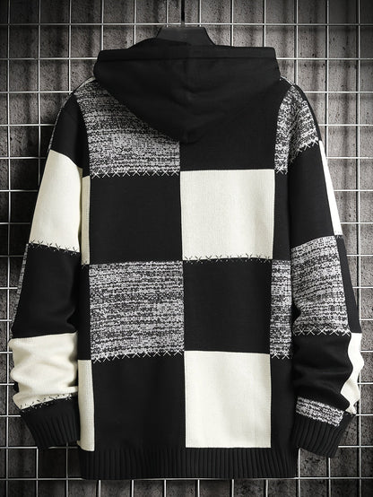 Herren Patchwork Hoodie mit Karomuster und Kapuze