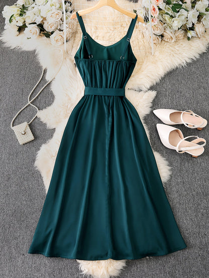 Women's maxi dress with spaghetti straps and bow – Elegant summer dress for festive occasions