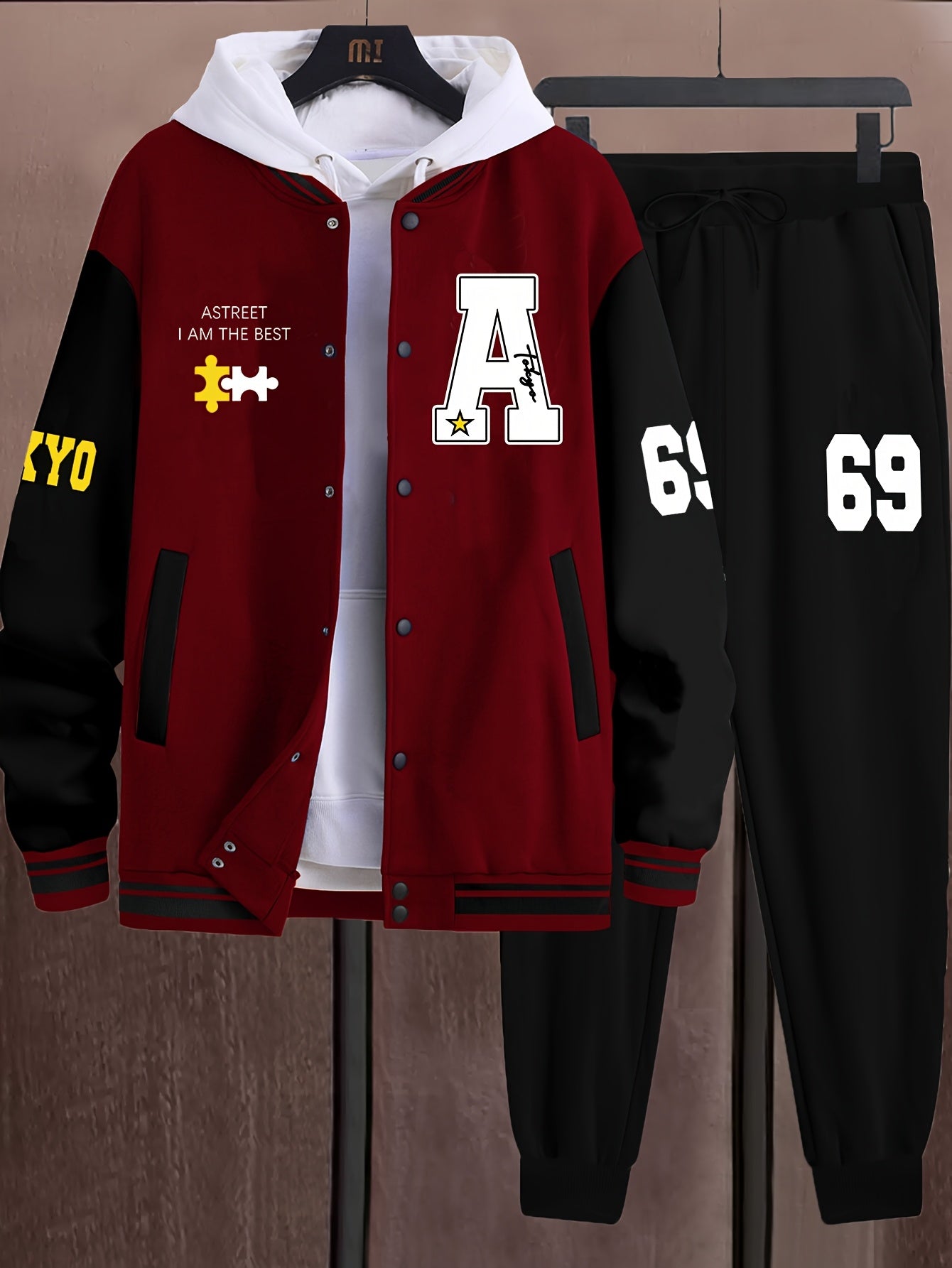 Unisex college jacket and joggers set, two-piece baseball look with print