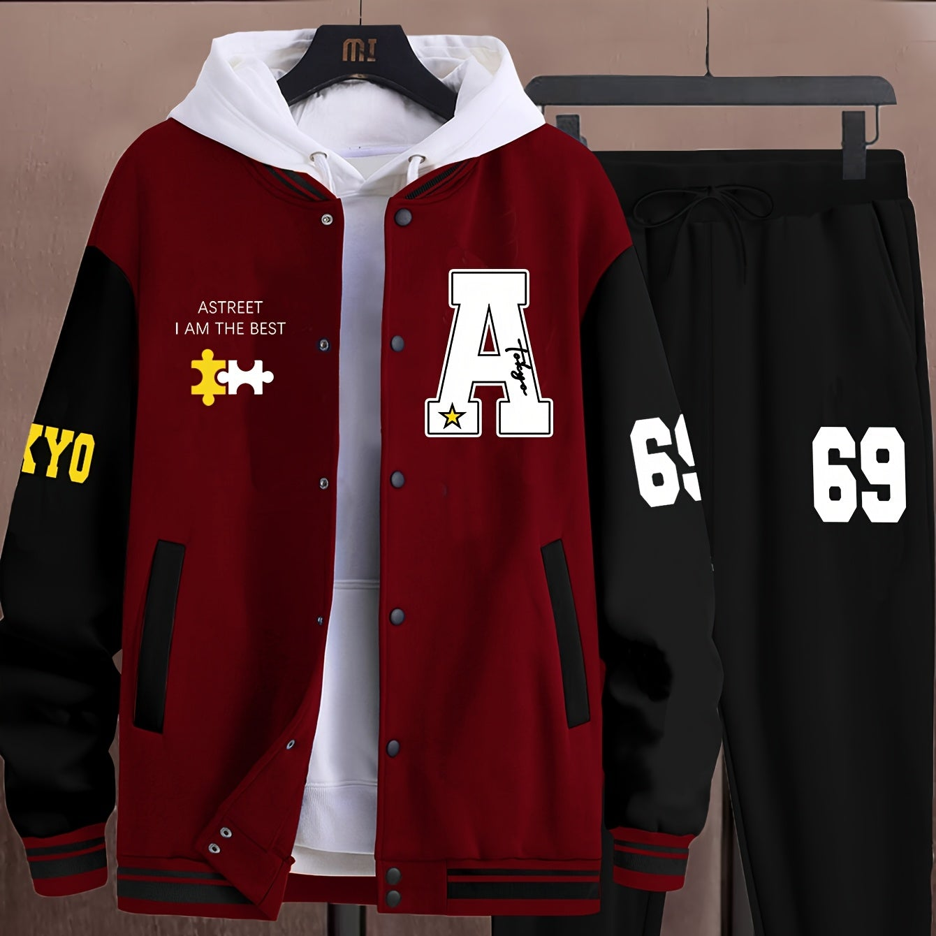 Unisex college jacket and joggers set, two-piece baseball look with print