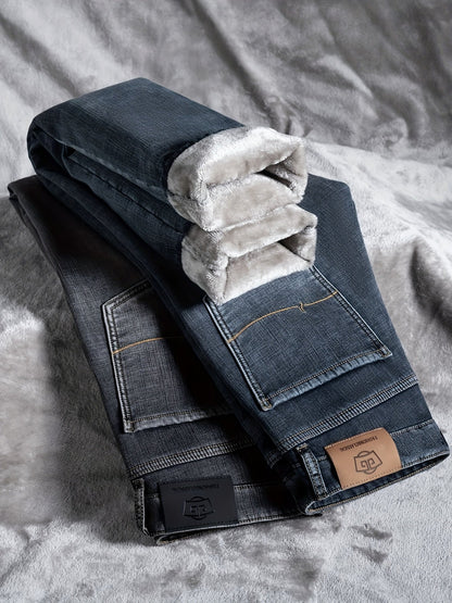 Herren Winter Jeans Thermojeans gefüttert gerade Schnitt mit Fleecefutter Blau Grau