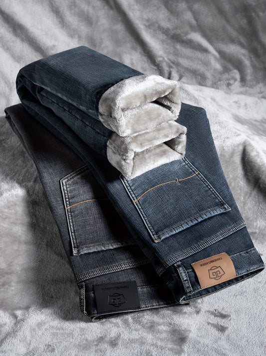 Men's winter jeans, lined thermal jeans, straight fit with fleece lining, blue-gray