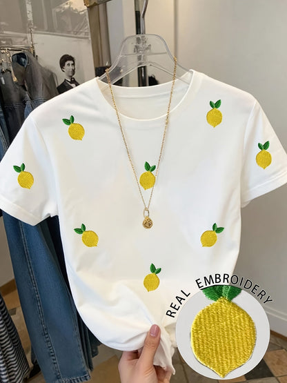 Women's T-shirt with Lemon Embroidery and Summery Fruit Design, Casual Style