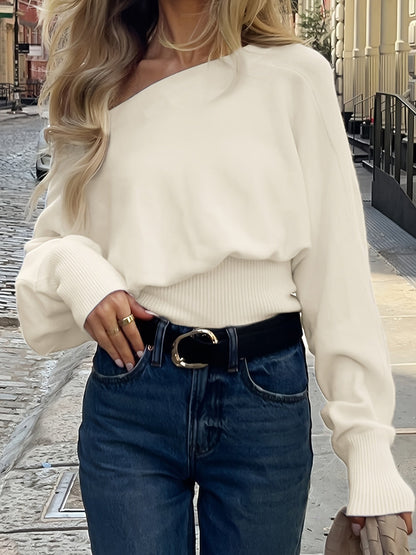 Women's off-the-shoulder knitted sweater with wide sleeves, white