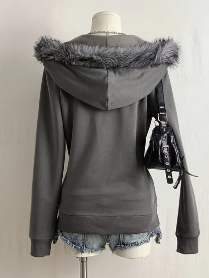 Women's hooded zip-up jacket with faux fur trim and a decorative pattern in gray