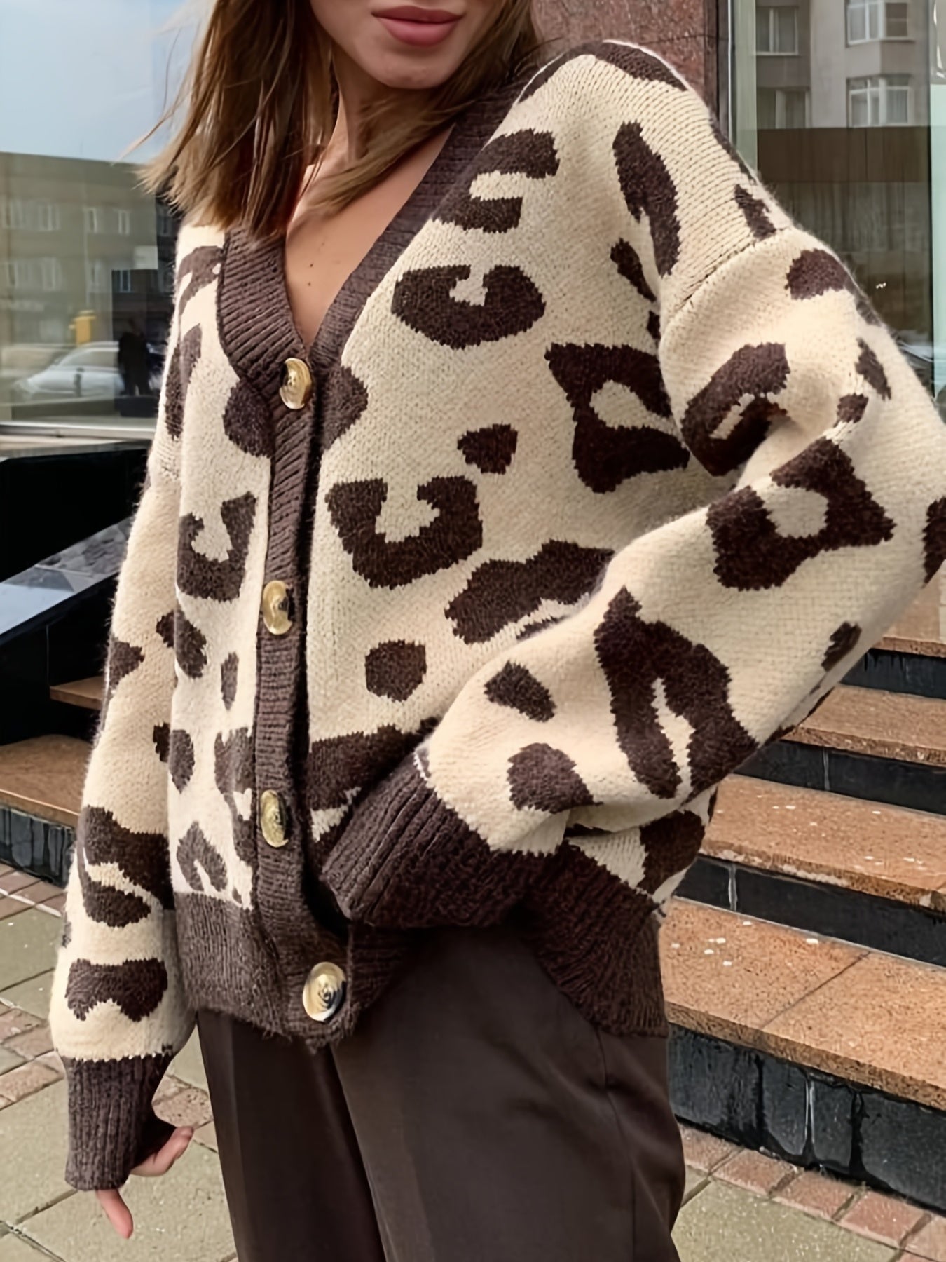 Damen Strickjacke mit Leopardenmuster V-Ausschnitt Knöpfen