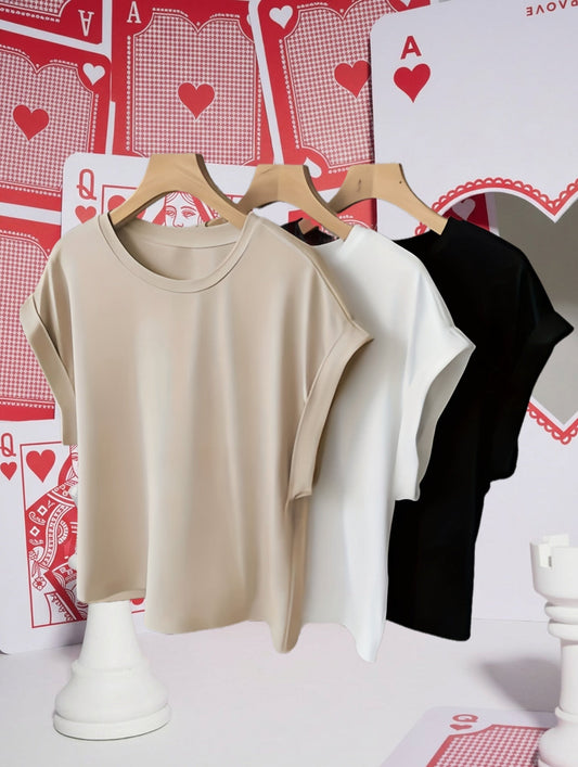 Women's Basic T-Shirt with Turn-Up Sleeves – Stylish Everyday Essential for Leisure and Office