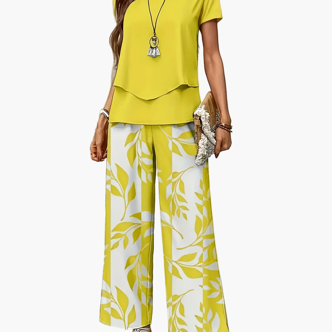 Women's Elegant Two-Piece Set with Short-Sleeve Shirt and Wide-Leg Pants, Floral, Perfect for Everyday and Vacation