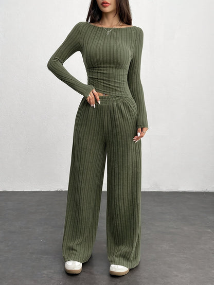 Ribbed loungewear set for women, long-sleeve crop top and wide-leg pants