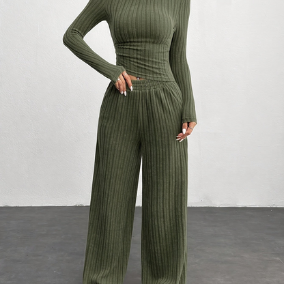 Ribbed loungewear set for women, long-sleeve crop top and wide-leg pants