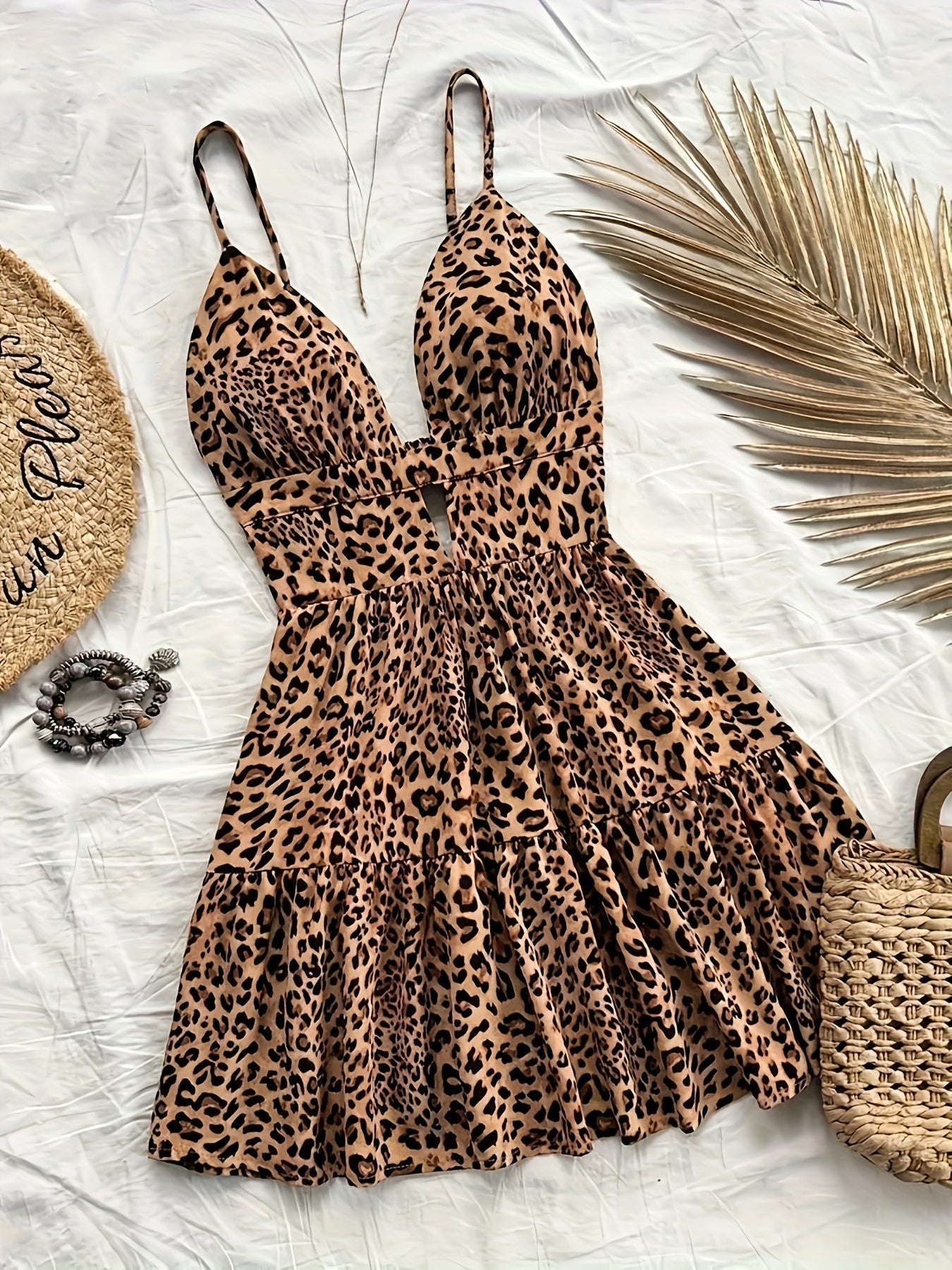Damen Sommer Mini Kleid Leopardenmuster – Ärmellos, Cut-Out, Freizeit & Strand
