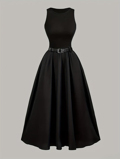 Women's Elegant A-Line Evening Dress with Belt, Sleeveless, Festive and Stylish for Special Occasions