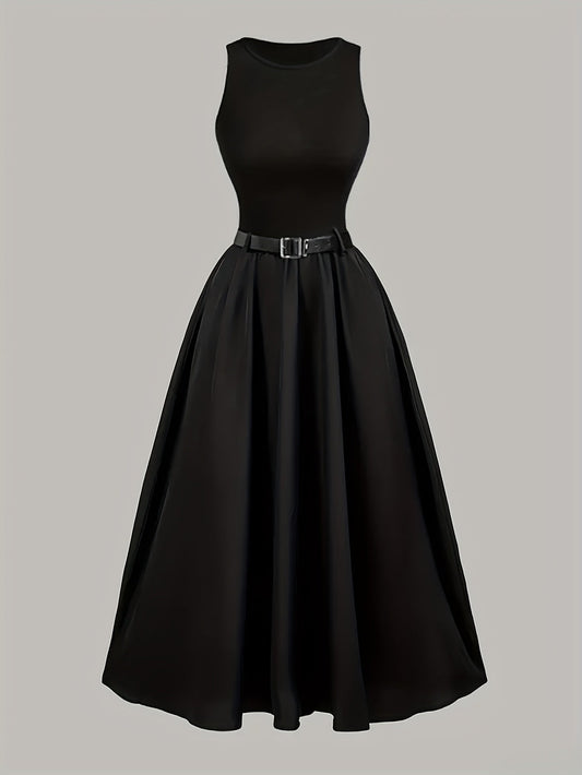 Women's Elegant A-Line Evening Dress with Belt, Sleeveless, Festive and Stylish for Special Occasions