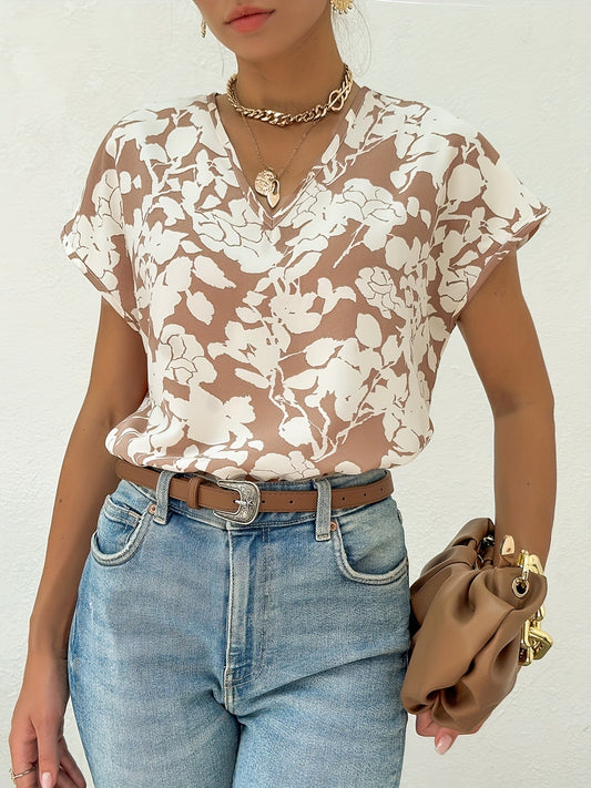 Women's Elegant Summer Blouse Shirt with Floral Pattern and V-Neck, Casual Wear