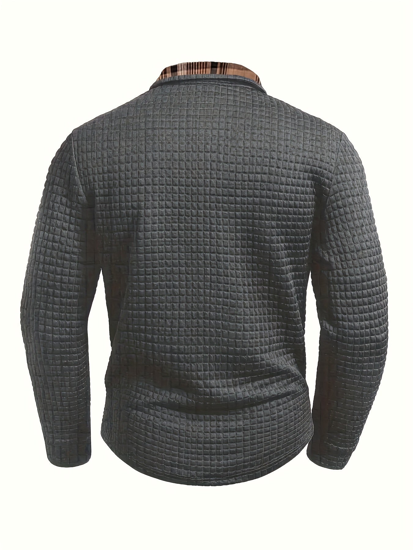 Men's long-sleeve polo shirt with waffle texture and checked pattern