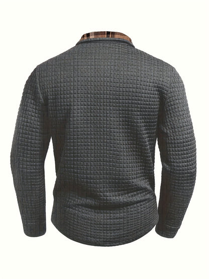 Men's long-sleeve polo shirt with waffle texture and checked pattern