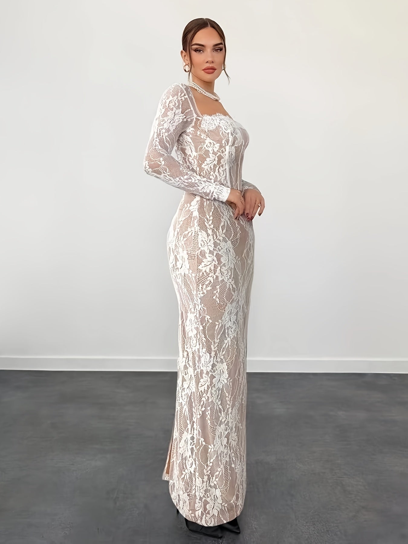 Women's Elegant Bodycon Evening Dress with Lace and Long Sleeves – Perfect for Special Occasions