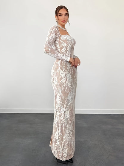 Women's Elegant Bodycon Evening Dress with Lace and Long Sleeves – Perfect for Special Occasions