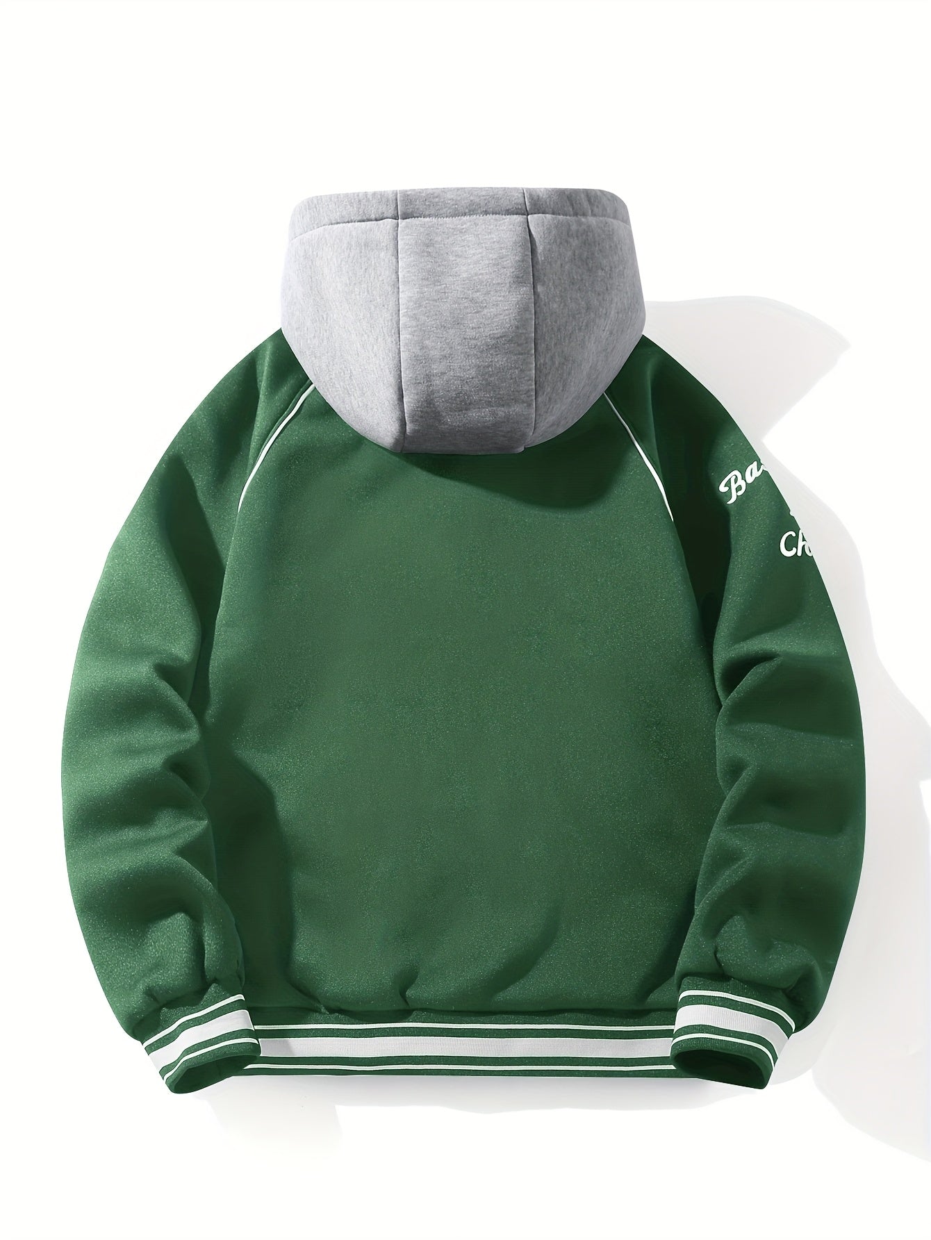 Men’s baseball jacket with hood, snap buttons, embroidery, and ribbed cuffs