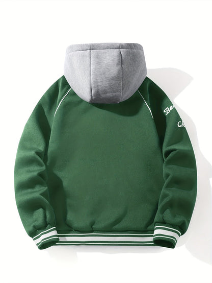 Men’s baseball jacket with hood, snap buttons, embroidery, and ribbed cuffs