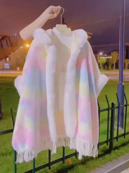 Colorful poncho cape with hood and fringes – fluffy cover-up cape
