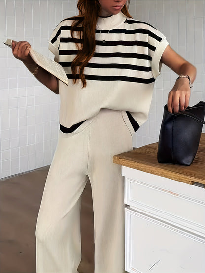 Women's Elegant Striped Set with Wide-Leg Pants – Casual, Fashionable Two-Piece for Spring and Summer